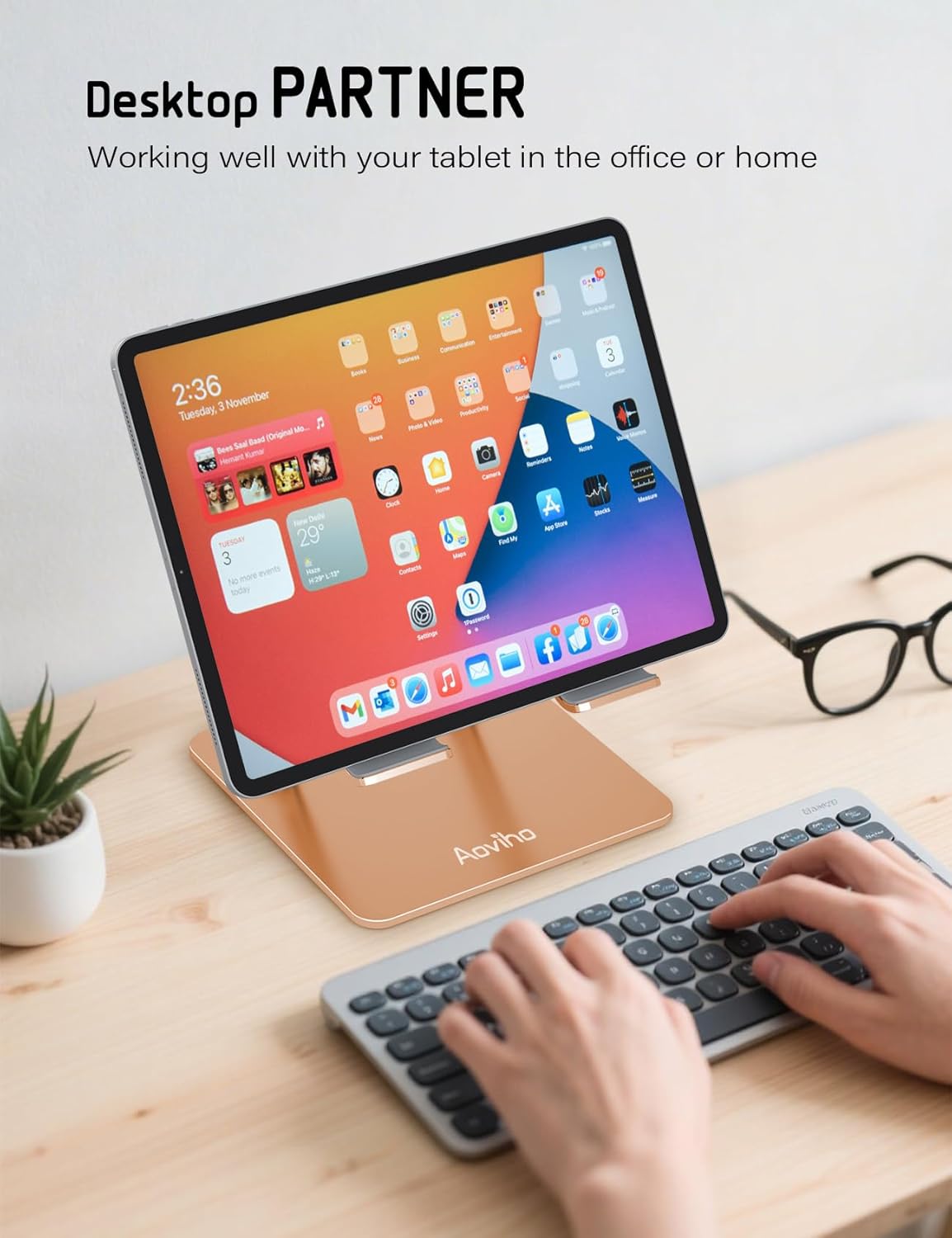 Aoviho Tablet Stand Holder for Desk, Adjustable Aluminum Desk Accessories, Stable Desktop Stand for Office Home,Compatible with iPad Pro Air Mini, Samsung Tablets, Rose Gold