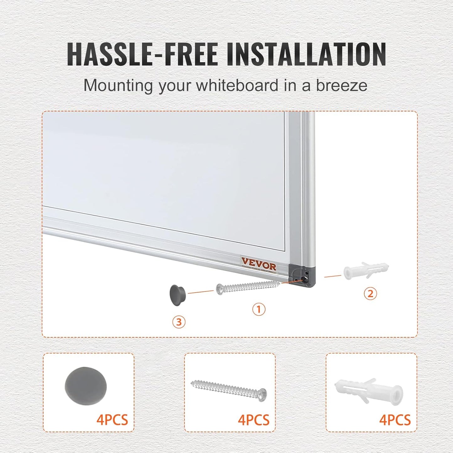 VEVOR Magnetic Glass Whiteboard, Dry Erase Board 36"x24", Wall-Mounted Large White Glassboard Frameless, with Marker Tray, an Eraser and 2 Markers, Black