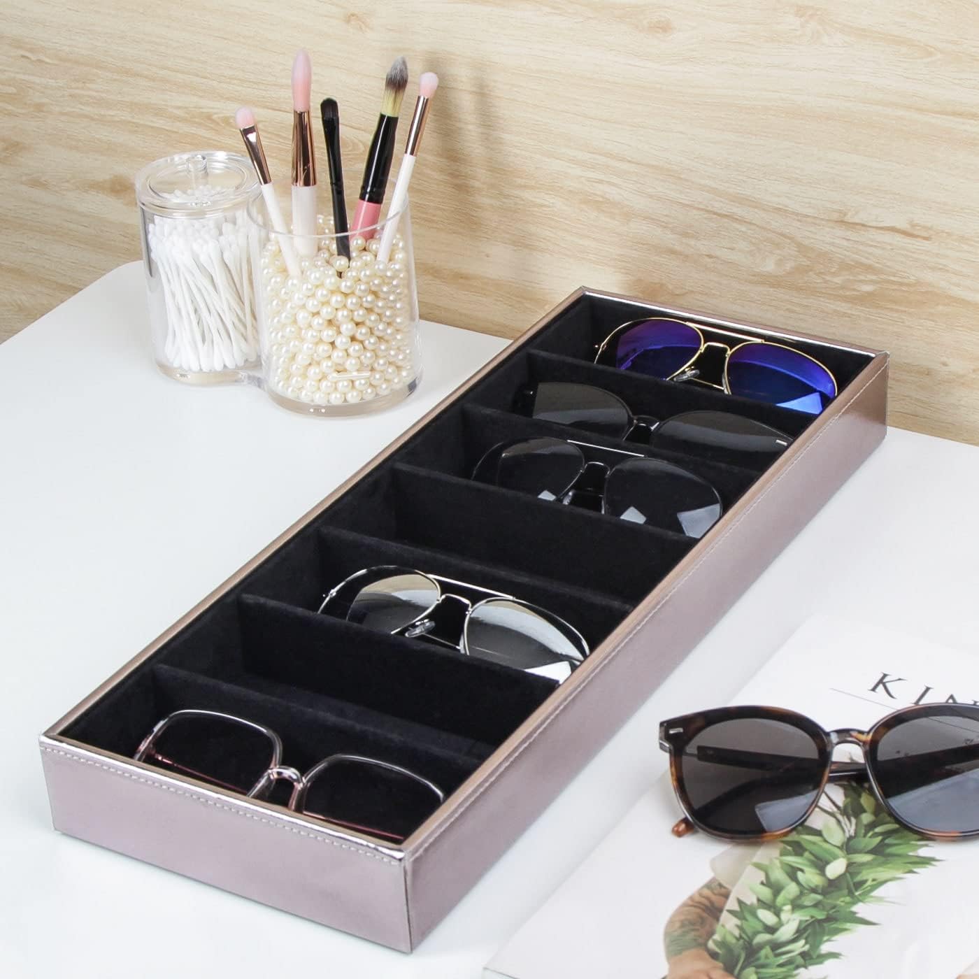 J JACKCUBE DESIGN 7 Slot Sunglasses Organizer, Leather Eyeglass Storage Tray Box for Table, Desk, or Drawer - MK378