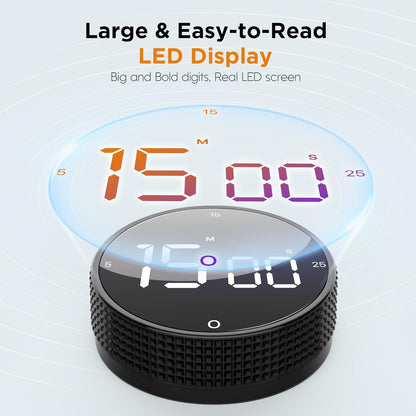 Upgrade Digital Kitchen Timer - Magnetic Countdown Countup Visual Pomodoro Timer with Large LED Display, 3-Preset Times (5, 15, 25), 3 Volume Levels, Ideal for Cooking, Baking and Fitness (1, Tarnish)