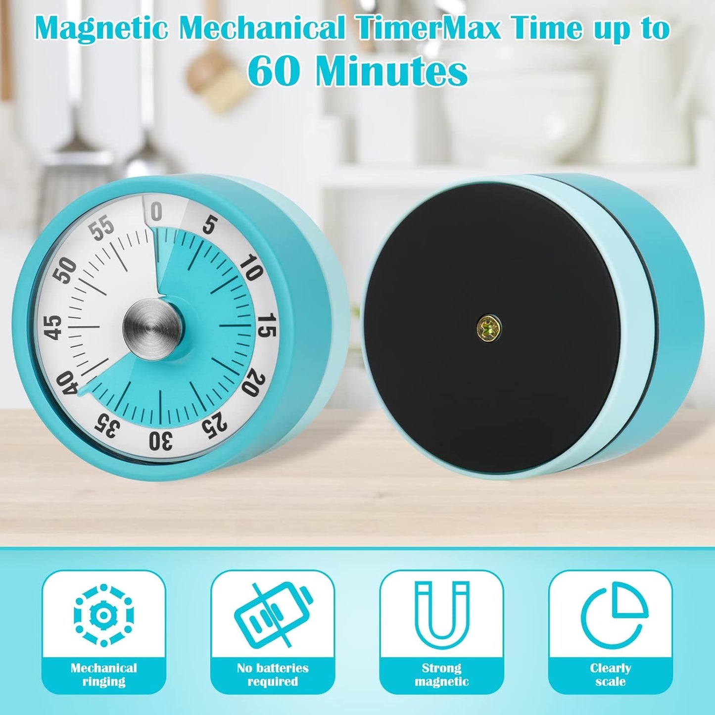 Kitchen Timer, 60-Minute Visual Timer for Kids & Adults, Wind Up Timer with Magnetic Backing, Loud Ring Timers for Classroom, Study, Cooking, Exercise