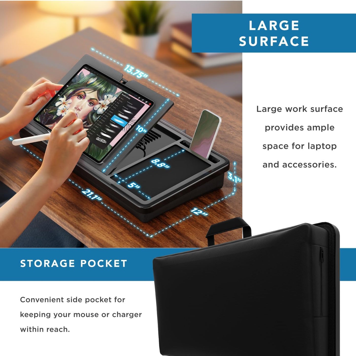 LAPGEAR Ergonomic Pro 2.0 Lap Desk with 9 Adjustable Heights, Built-in Mouse Pad & Phone Slot – Full Microbead Cushion, Storage Pocket – Fits Laptops up to 15.6" – Dusty Rose – Style No. 49504