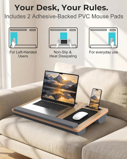 Potuopy Lap Desk- Fits up to 17” Laptop Lap Desk with Wrist Pad, Laptop Lap Pad, Lap Desks for Adults Laptop Stand for Bed with Cushion and 2 Upgraded Mouse Pads, Tablet and Phone Slots (Dark Brown)