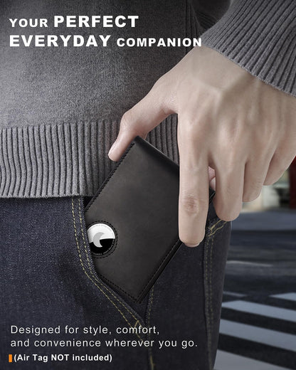 Men's Wallet with Airtag Holder, Bifold Full-Grain Leather Wallet for Apple Air Tag (1st & 2nd Generation), Slim Wallet for Men with RFID Blocking, 11 Card Slots