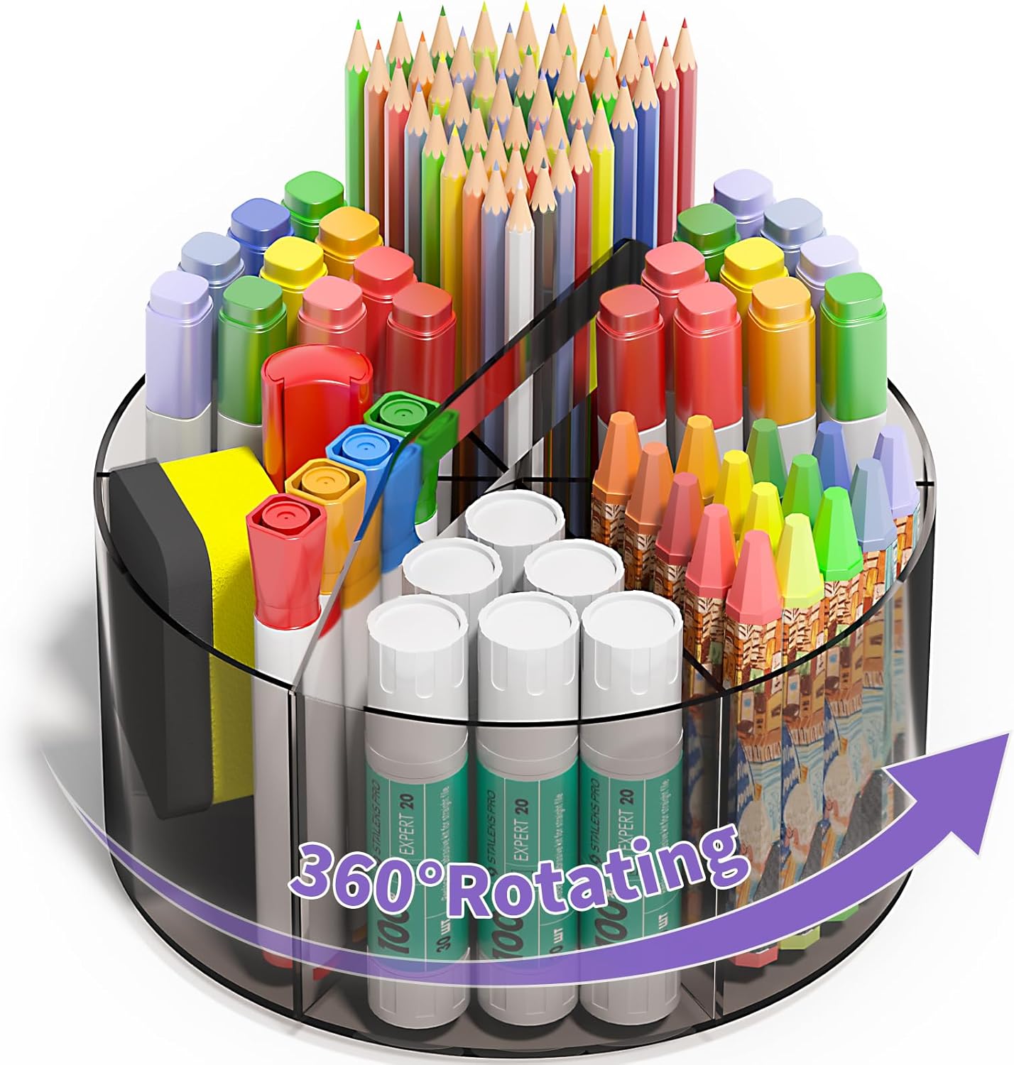 Mefirt Acrylic Pen Holder, 360 Degree Rotating Pen Organizer, Rotating Desk Acrylic Office Organizer with 6 Compartments, Marker Organizer for Kid, Crayon Caddy School Art Supply Storage Organizer