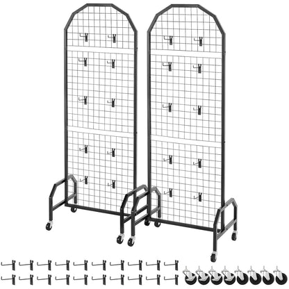VEVOR 2 Packs Grid Wall Panels, 1.9 x 5.4 ft Wire Grid Panels Display Rack, Movable Art Display Shelf with Wheels and 20 Hooks, Black Carbon Steel Gridwall for Craft Show, Decor, Storage, Notice Board