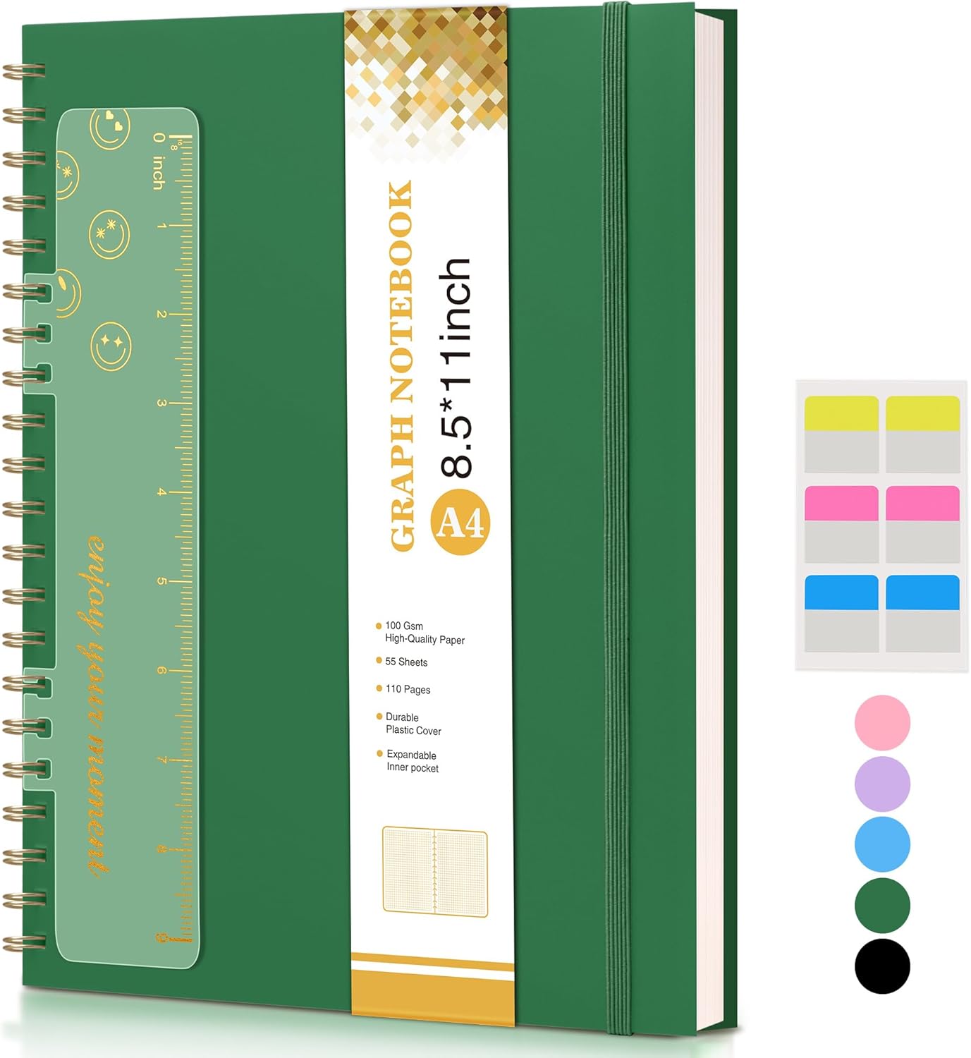 Dotted Notebook, Spiral Notebook Journal 8.5” x 11”, A4 Large Dot Grid Notebooks for Women Men, 100 GSM Dotted Paper, Plastic Hardcover Spiral Bullet Journals for Work School Sketching, Green