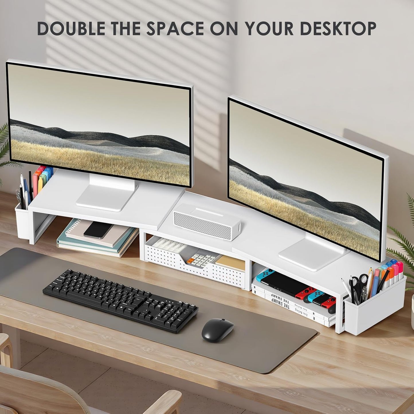OPNICE Desk Organizers and Accessories, Dual Monitor Stand Riser with Drawer and 2 Pen Holders, Desk Shelf Wood Computer Racks for Office Workspace Organizers, Desktop Organization (Rustic Brown)