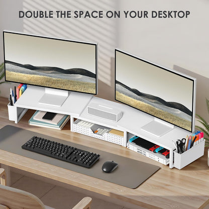OPNICE Desk Organizers and Accessories, Dual Monitor Stand Riser with Drawer and 2 Pen Holders, Desk Shelf Wood Computer Racks for Office Workspace Organizers, Desktop Organization (Rustic Brown)