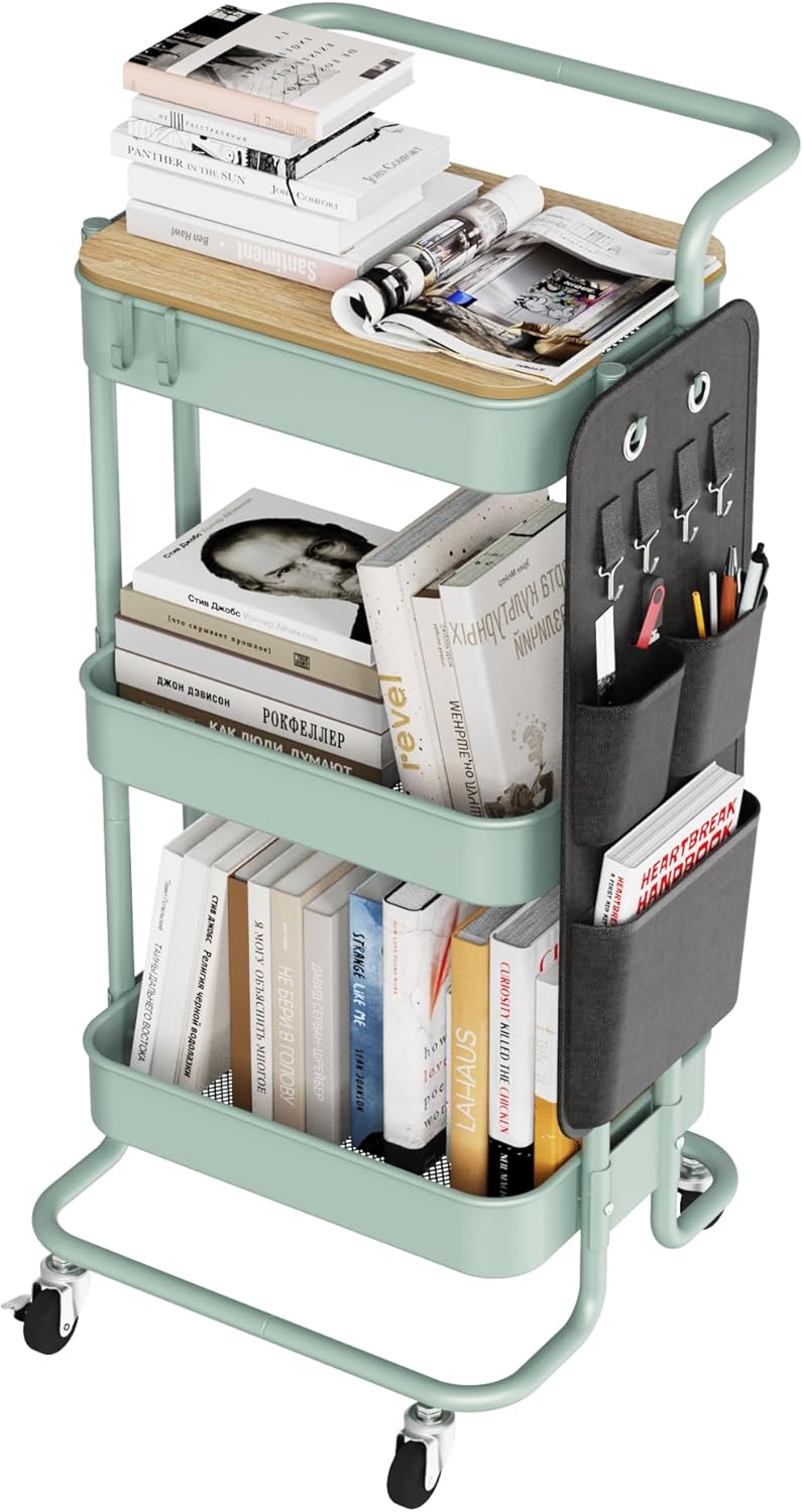 DTK 3 Tier Metal Utility Rolling Cart with Table Top and Side Bags, Tray Storage Organizer Wheels, Art Craft 4 Hooks for Kitchen Bathroom Office Living Room (Black)