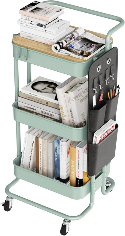 DTK 3 Tier Metal Utility Rolling Cart with Table Top and Side Bags, Tray Storage Organizer Wheels, Art Craft 4 Hooks for Kitchen Bathroom Office Living Room (Black)