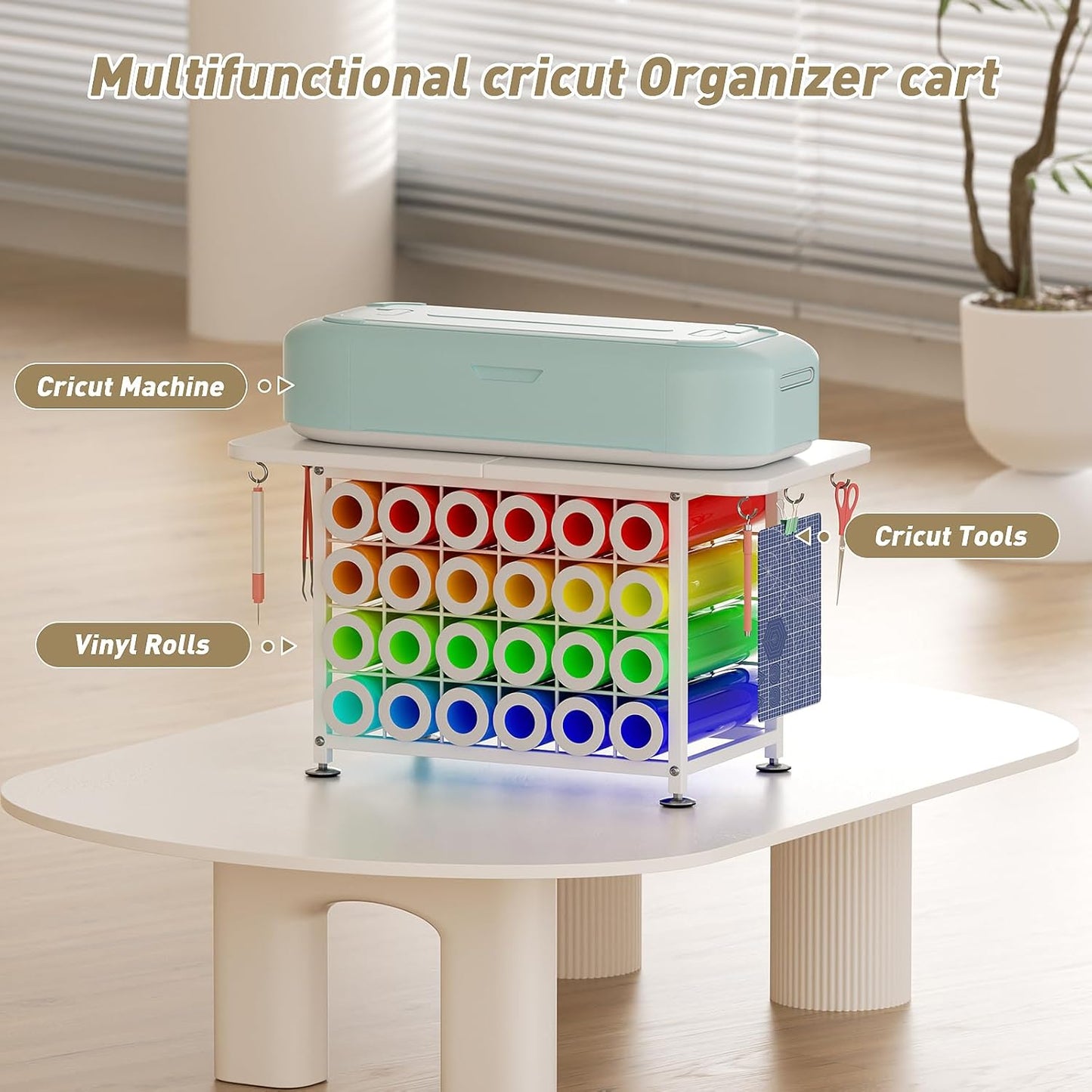Small Craft Organizers and Storage Compatible with Cricut Machines Craft Table Storage with 24 Vinyl Roll Holders, Crafting Cabinet Workstation Tool Holder for Craft Room Home Office