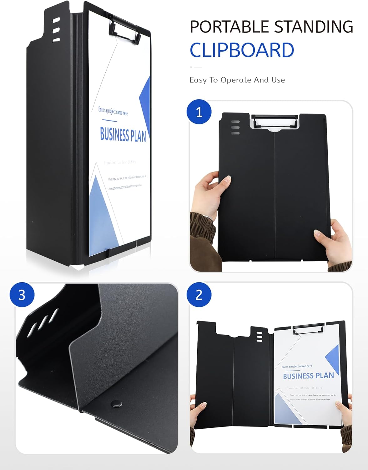 Free Standing Clipboard and Desktop Stand with Adjustable Buckles Easel Back - Foldable Stand and Document Holder for School, Office and Business Use (9.37 x 12.6 inches) (Black)