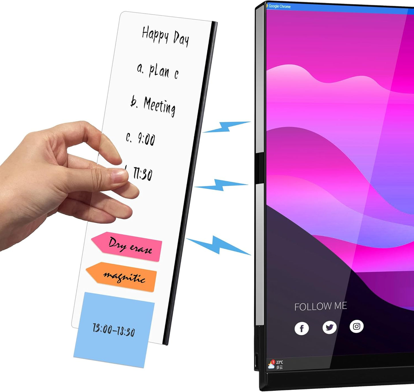 Crpich Magnetic Monitor Memo Board, Glossy Black Large 13.2 x 3.3 Inches, Detachable Side Screen to Do List Holder, Vertical Desk Organizer for Office & Gaming Setup