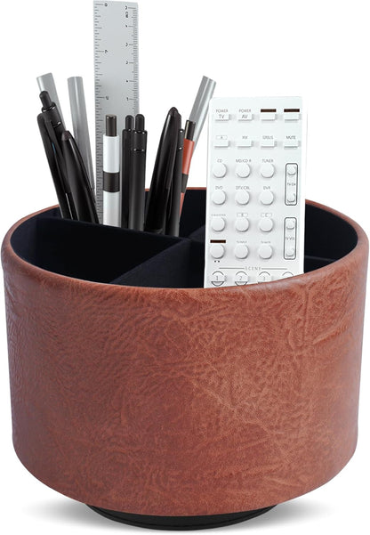 Round Leather Art Supply Organizer,Remote Control Holder,360 Degree Rotating,Multi-Functional Pencil Holder,4 Compartments Desktop Stationary Organizer(1-Fractal Flower) | Round - Colors C