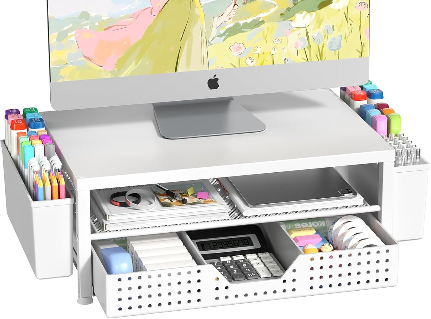 Wood Metal Monitor Stand Riser, Laptop Stand for Desk, Office Desk Organizer and Accessories, Computer Desktop Shelf with Drawer and Pen Holder, Printer Stand for Home, Office, Dorm (Natural Wood)