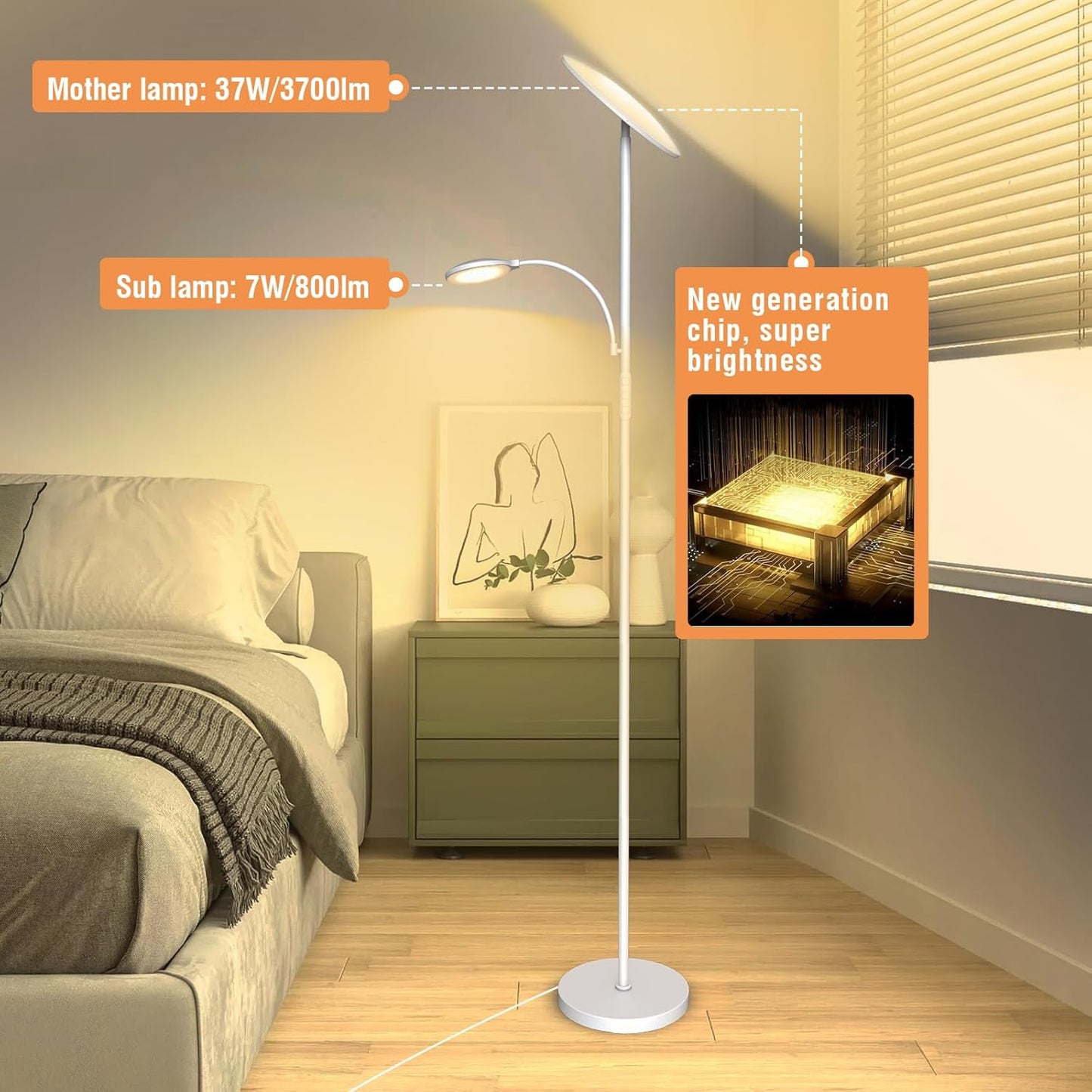 marctronic Floor Lamps for Living Room, 44W/4500LM Super Bright 2 in 1 LED Floor Lamp with Remote, Stepless Dimmable, 69" Tall Standing Floor Lamp with Bendable Reading Light for Bedroom Office