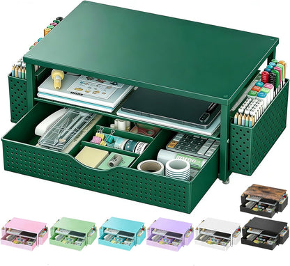 Spacrea Desk Organizer and Accessories, Computer Monitor Stand Riser with Drawer and 2 Pen Holders, Office Desk Accessories & Workspace Organizers for Office Supplies (Wood)