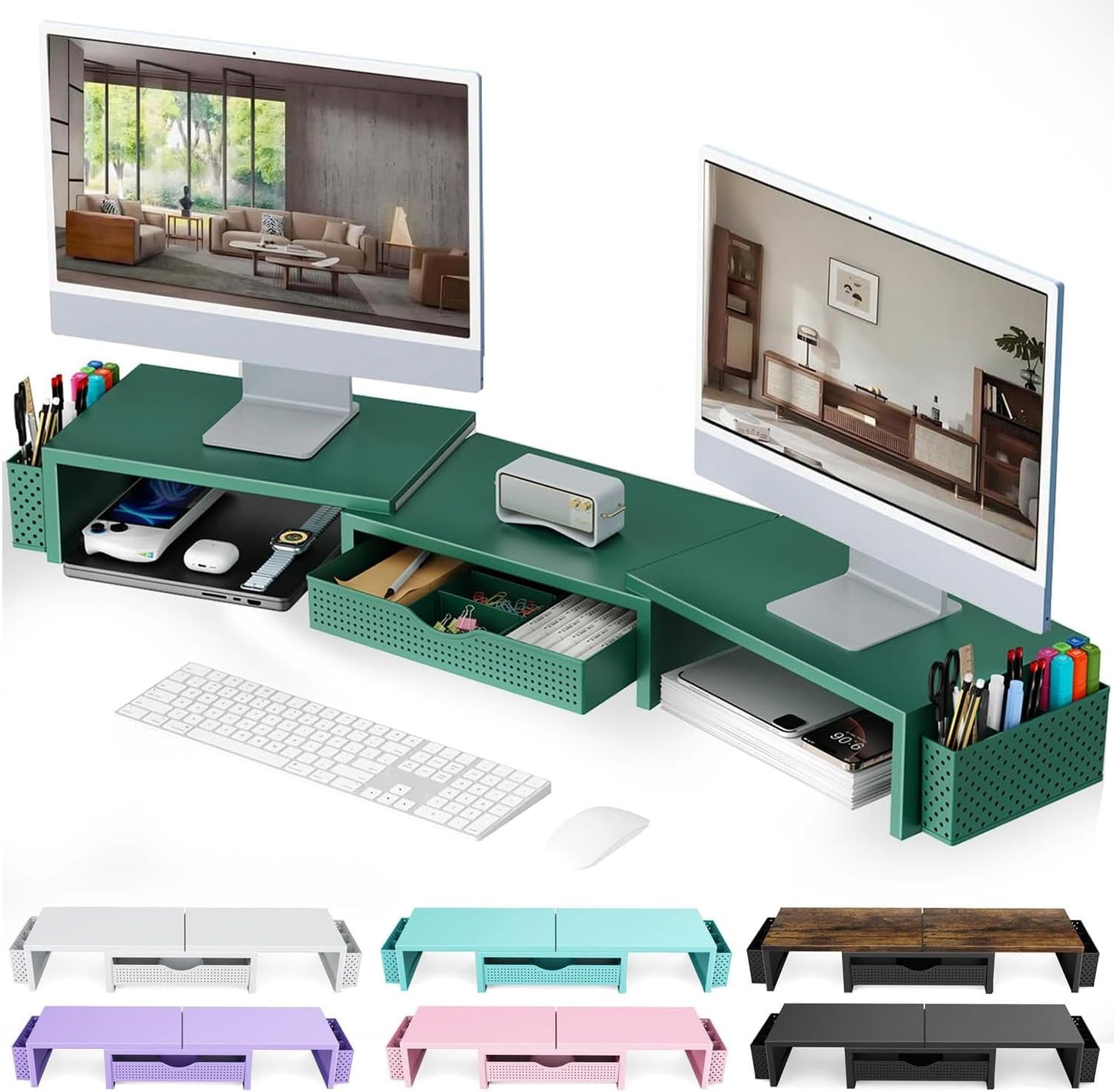 gianotter Dual Monitor Stand Riser, Desk Organizer With Drawer and 2 Pen Holders,Computer Monitor Stand, Desk Shelf for Top of Desk, Wood