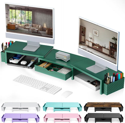gianotter Dual Monitor Stand Riser, Desk Organizer With Drawer and 2 Pen Holders,Computer Monitor Stand, Desk Shelf for Top of Desk, Wood