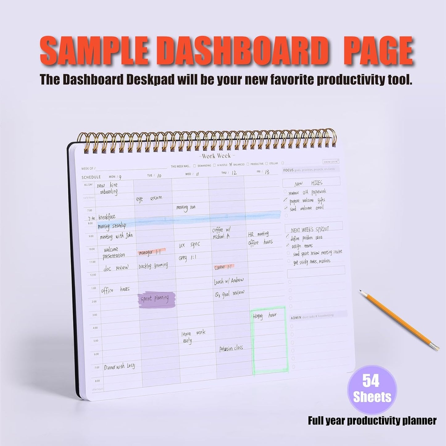 ZERONE CENTRE Productivity Weekly Planner - 54 Sheets Dashboard Spiral Deskpad Has 6 Focus Areas to List Tasks for Goals, Projects, Clients, Academic, or Shopping-Organize Your Daily Work Efficiently