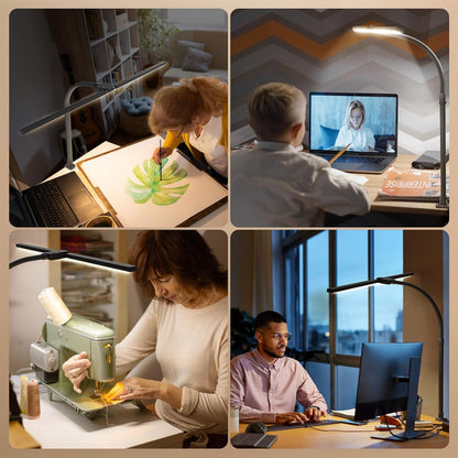LED Desk Lamp with Base - Bright Dimmable Computer Lamp with Phone Holder, 24W Bendable Desk Light for Monitor Screen, Eye-Caring Tall Desktop Light for Task Home Office Work, Black, Dual Head