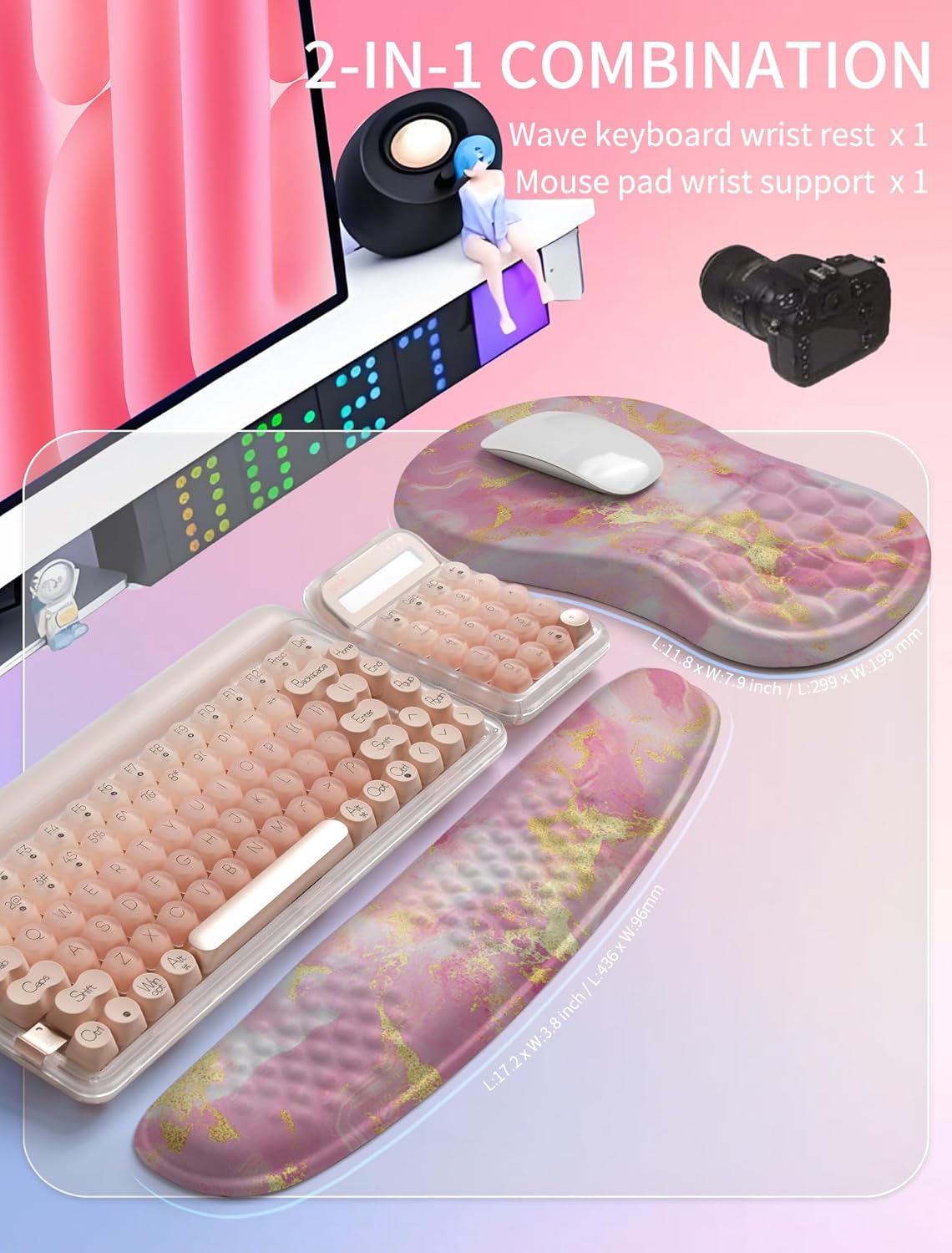 Hokafenle 2in1 Combination, Wave Keyboard Wrist Rest and Ergonomic Curvature Mouse Pad Wrist Support for Relieve Wrist Pain, Filled with Soft Cushion Memory Foam, Black