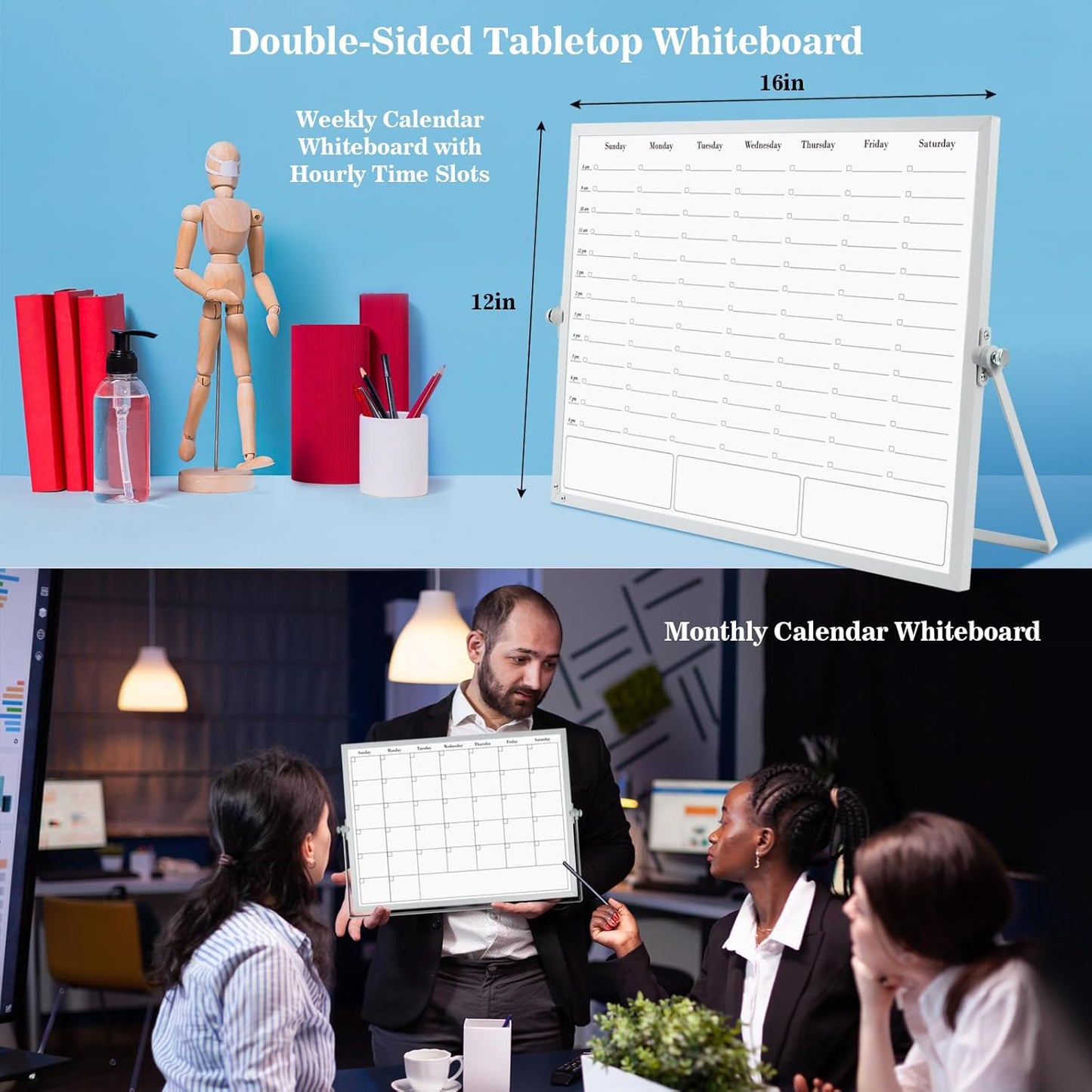 ONAVIA Desktop Whiteboard with Stand, 16"×12" Double-Sided Magnetic Dry Erase Calendar, Weekly Monthly Schedule with Time Slots, Portable for Home, Office, Planning, Memo, to Do List