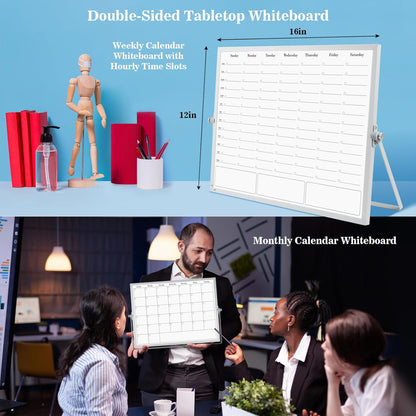 ONAVIA Desktop Whiteboard with Stand, 16"×12" Double-Sided Magnetic Dry Erase Calendar, Weekly Monthly Schedule with Time Slots, Portable for Home, Office, Planning, Memo, to Do List