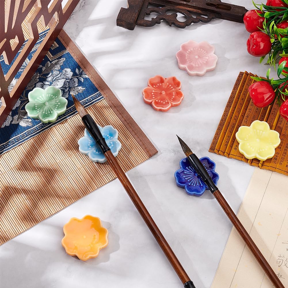 BENECREAT 7Pcs 7 Colors Cherry Blossom Porcelain Brush Holder Rest, Japanese Style Ceramic Paint Brush Pen Holders for Oriental Art Supply Painting Brushes, 1.8inch