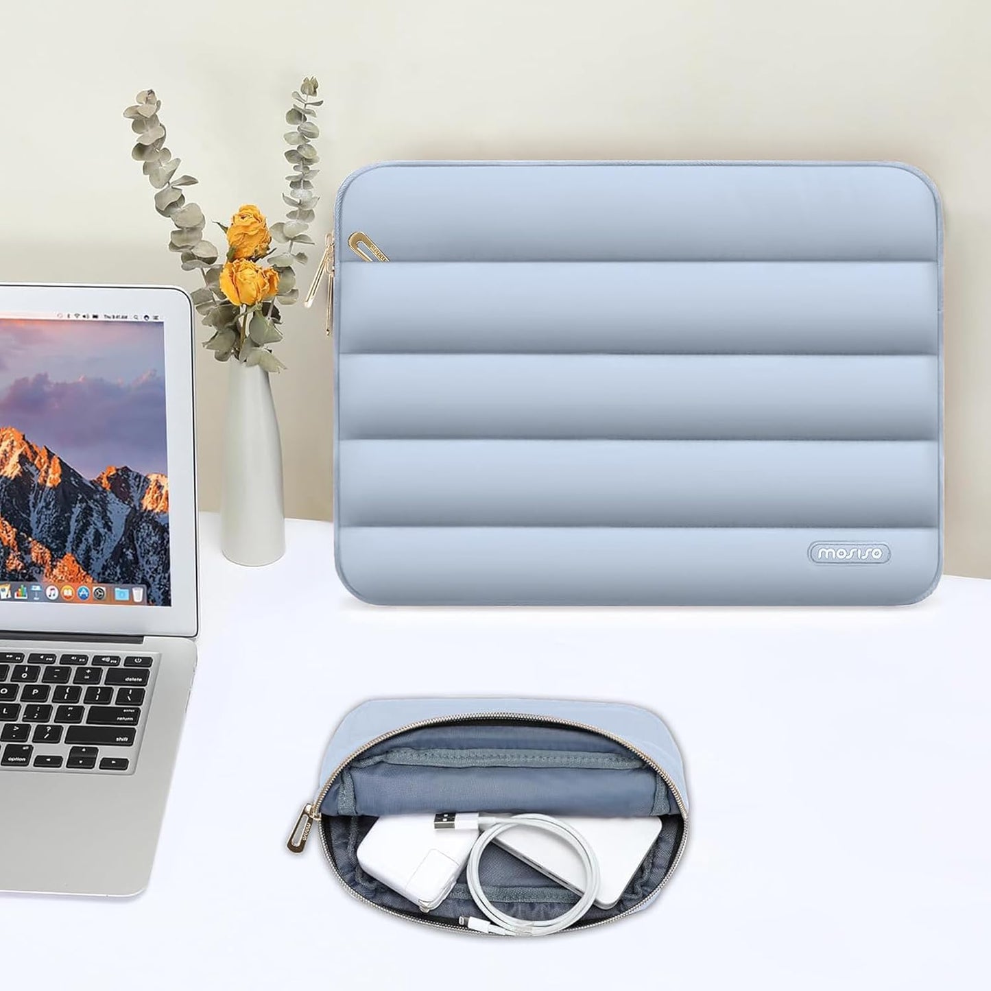 MOSISO Laptop Case 13.3 inch,13-13.3 inch Puffy Laptop Sleeve Compatible with MacBook Neo/Air 13.6 M5 M4 M3 M2 M1/Pro 13/14,HP Dell ASUS Lenovo,Polyester Horizontal Bag with Small Case, Sand