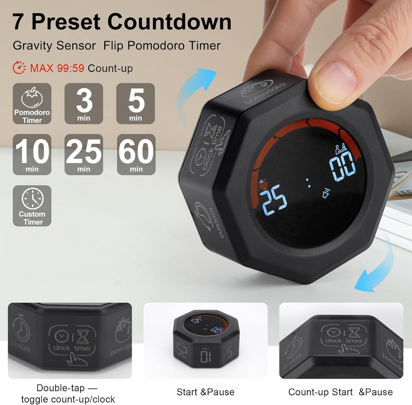 Small Productivity Timer - Pomodoro Timer with 3/5/10/25/60 Min Presets & Custom Countdown | Magnetic Rechargeable Digital Clock for Desk, Study and Games (White)