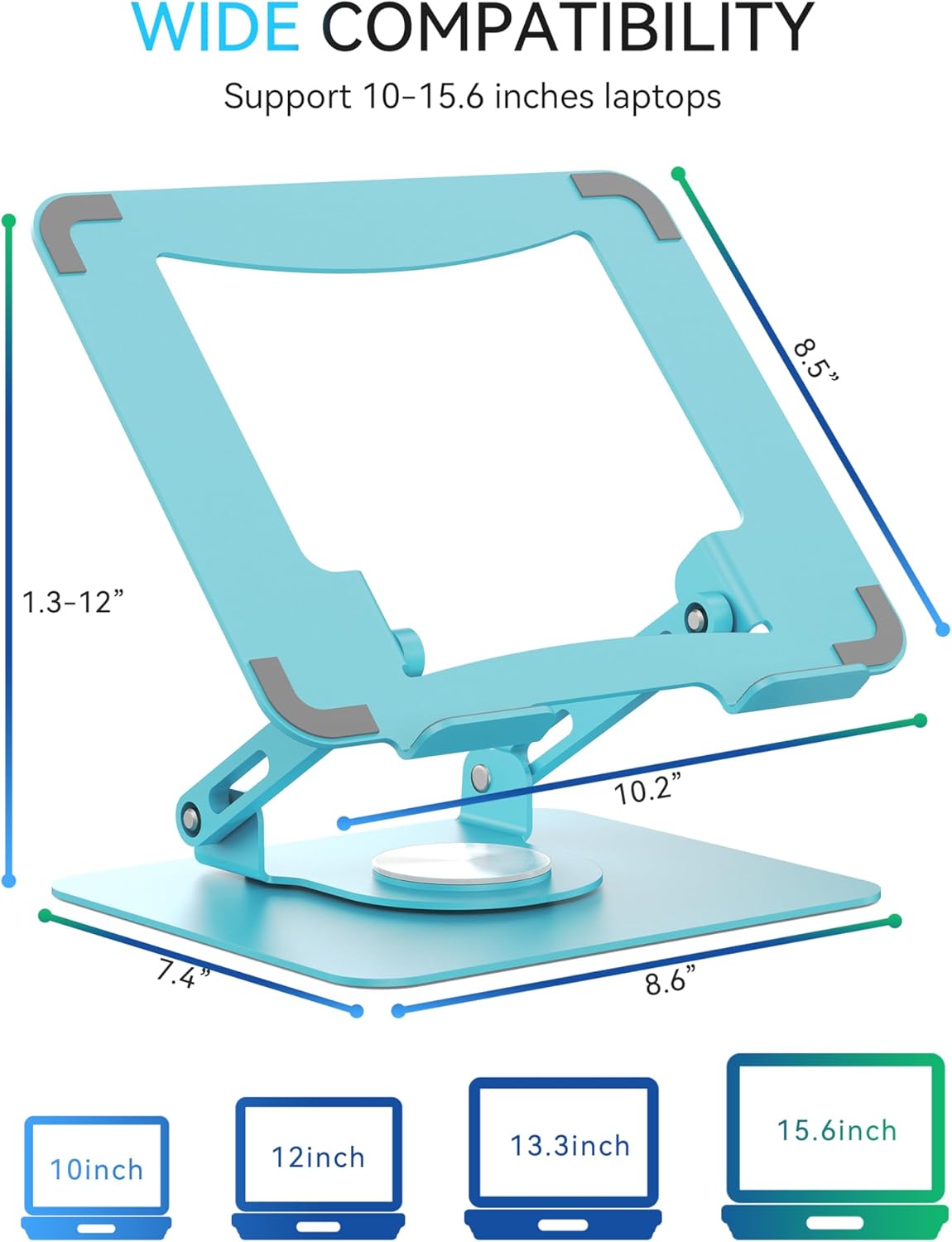 SOUNDANCE 360 Rotating Laptop Stand, Ergonomic Computer Riser for Desk, Adjustable Height Multi-Angle Metal Holder, Foldable Portable Notebook Elevating Base for Office & Home, White