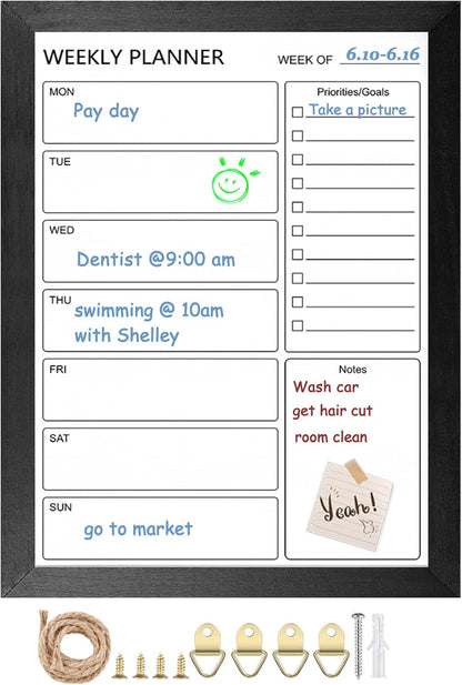 Dry Erase White Board Weekly Calendar Board, Magnetic Whiteboard for Wall,13“x17 Solid Wood Rustic Brown Framed Message Board, Planner Board for Office, Home, School(Weekly-BB-RB-3343)