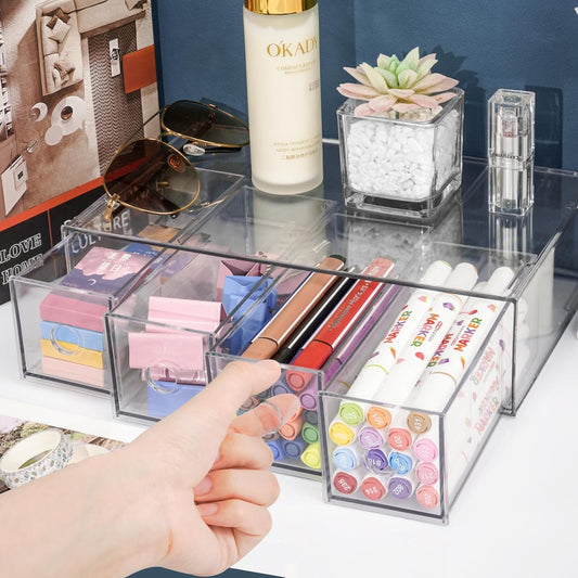 Desk Organizer with 8 Drawers, FODIENS 2 Packs Stackable Desktop Storage Box with Removable Drawer, Clear Sunglasses Organizer Display Case for Stationery Marker Pens Eyeglasses Office Supply