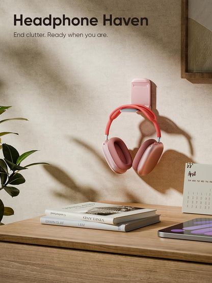 MAMUVIMO Headphone Stand, Headset Stand Foldable ＆ Sticky, Headphone Holder Hook Mount with Non-Slip Silicone, Adhesive Earphone Desk Hanger Clip Space-Saving for Airpods Max, All Earphones- Pink