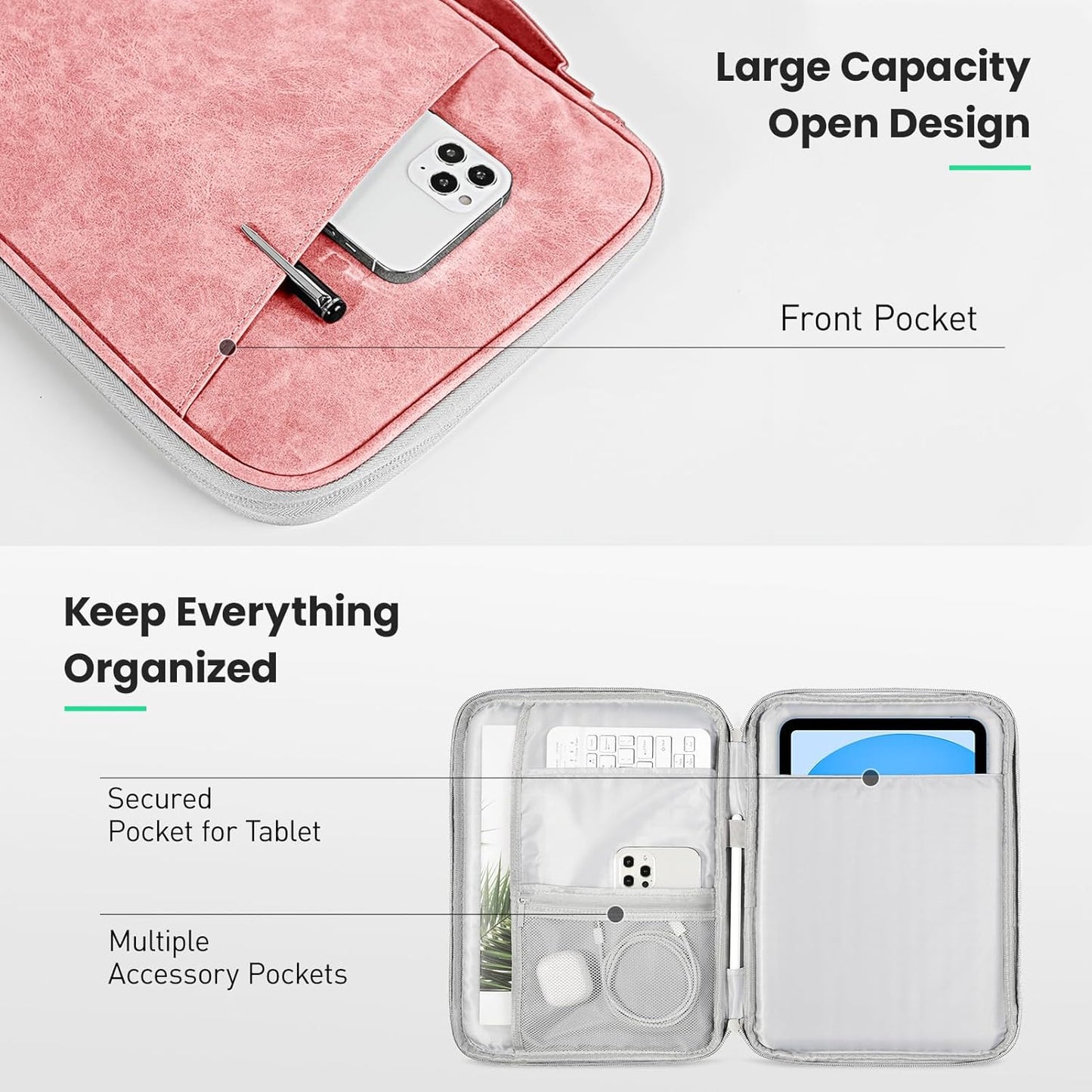 DTTO 9-11 Inch Tablet Sleeve Bag for iPad A16, iPad Air 11-inch M3 M2 / Air 5/4th Gen 10.9", iPad Pro 11 M4, iPad 10/9/8/7th Gen, Galaxy Tab A9+, Waterproof Travel Bag, Pink