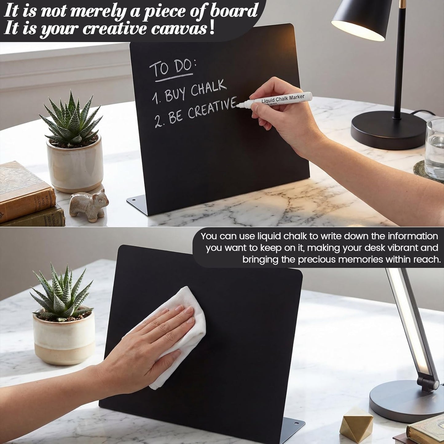 LEIFIDE 2 Pcs Black Magnet Boards Magnetic Bulletin Board Announcement Wave-Shaped Magnetic Display Board Stand Metal Desktop Memo for Menus Dining Table Home School Kitchen Office (12.6 x 11 Inch)