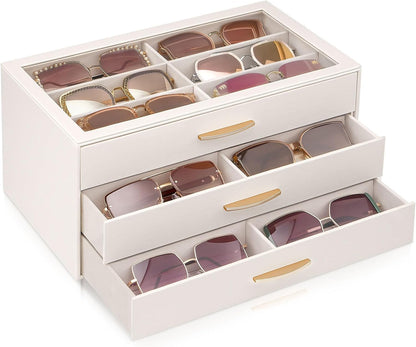 Lolalet Sunglasses Organizer for women, Multi Eyewear Storage Box with Drawer, Glasses Case Display Holder with Clear Top