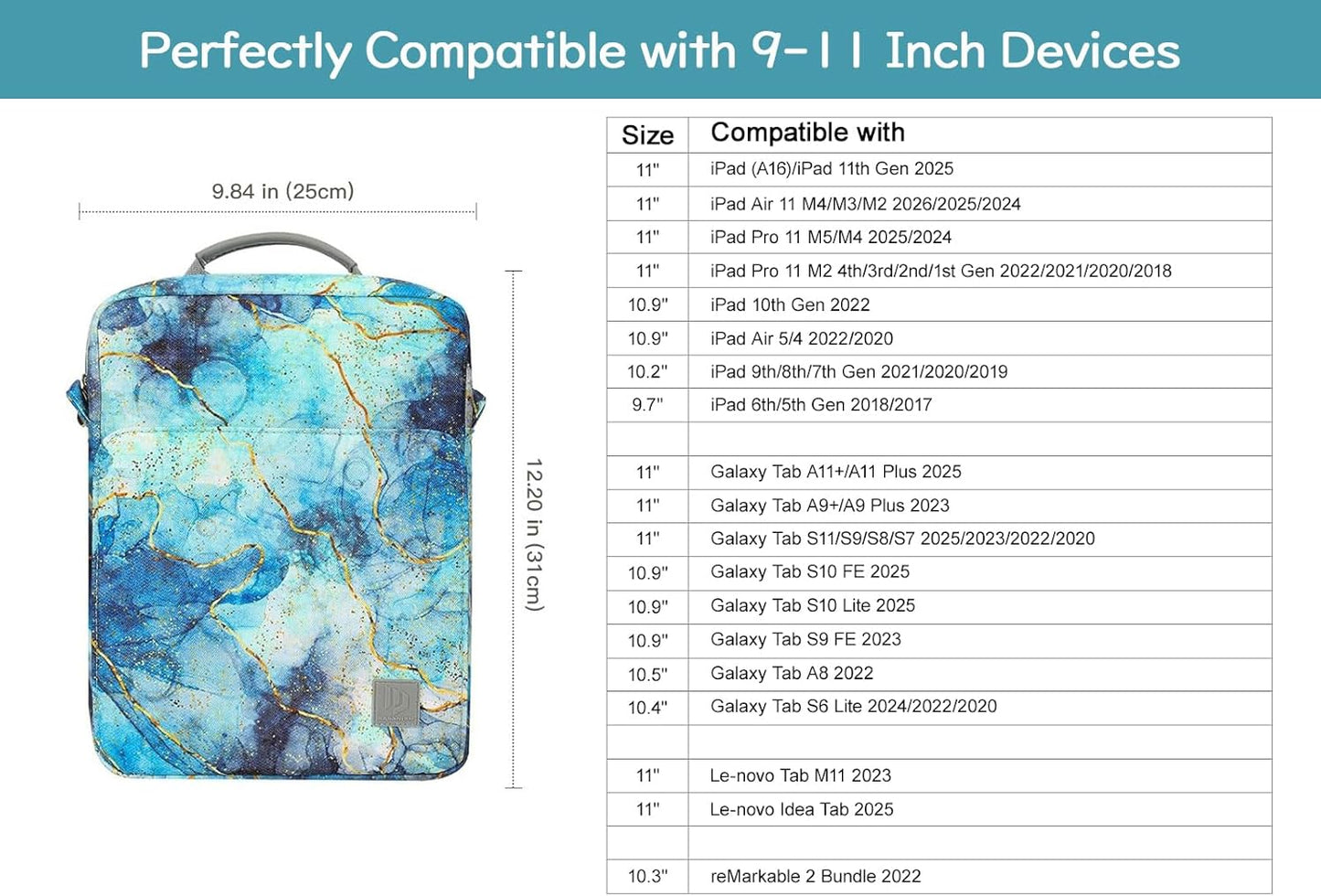 Dadanism 9-11 Inch Tablet Sleeve Bag Carrying Case with Shoulder Strap for iPad (A16) 11", iPad 10th Gen 10.9", iPad Air M4/Pro M5 11", iPad 9/8/7th 10.2", Galaxy Tab A11+ Plus 11", Cloudy Pink