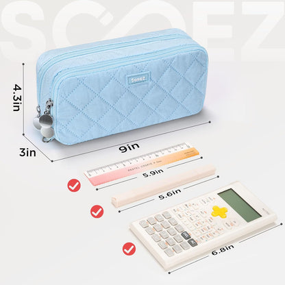 Sooez Large Pencil Case Pouch, Extra Big Pencil Bag with 8 Compartments, Pen Bag Wide Opening, Soft Quilted Pencil Pouch Organizer with Zipper, Portable Pencil Case for Teen Girls, Pink