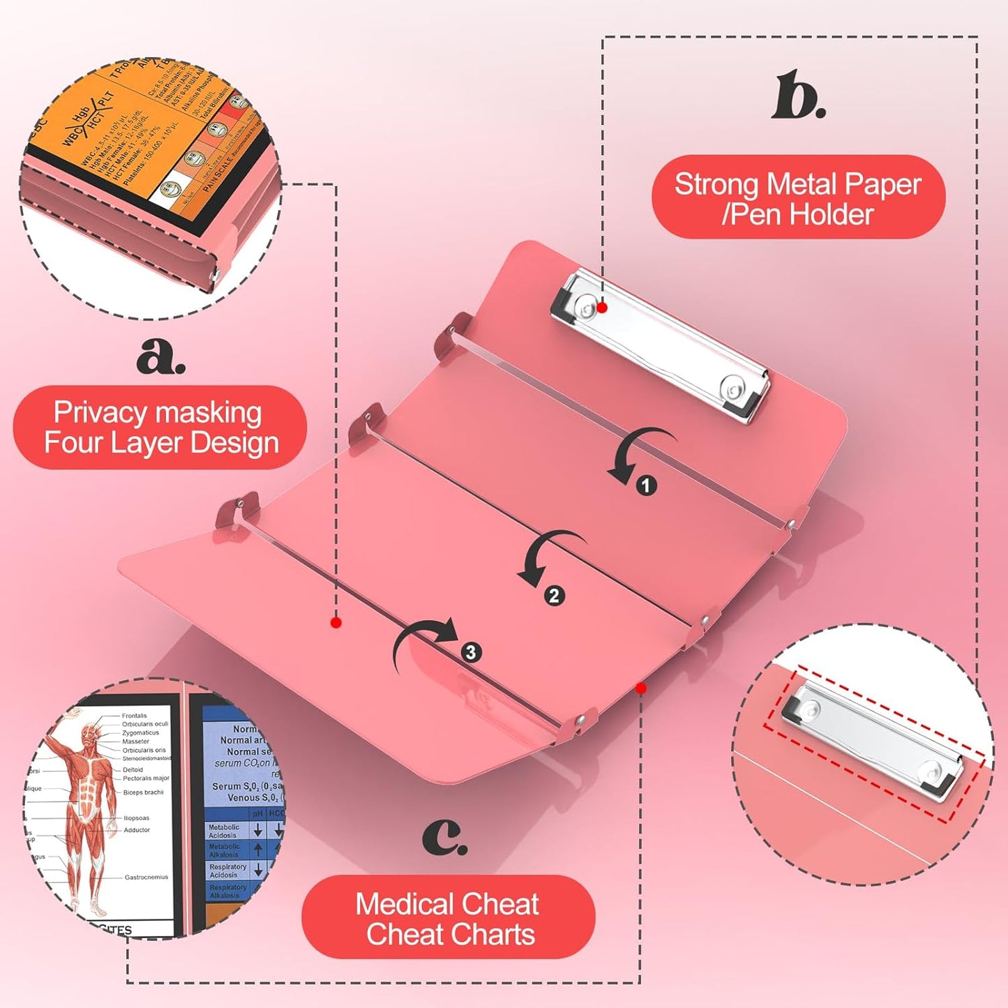 Nursing Clipboard Foldable-4 Layers Aluminum Nurse Foldable Clipboard Nursing Medical Edition Cheat Sheets, Pocket Size Pen Clip for Nurses Students School and Doctors-Pink