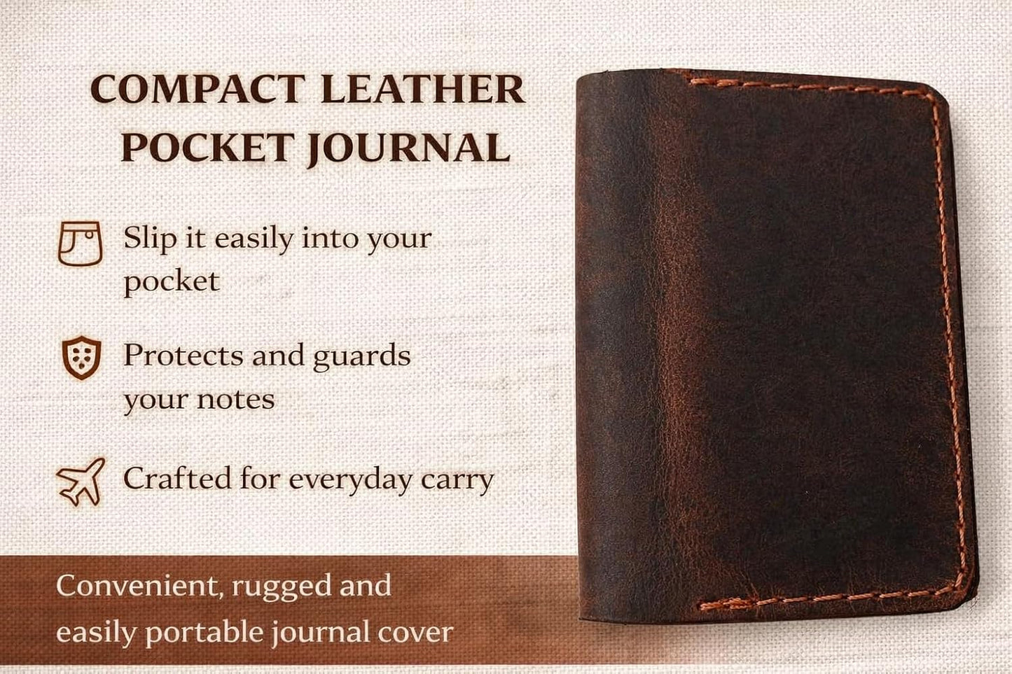 Leather Journal Cover for 2.5 x 4 Inches Pocket Notebooks – Handmade Refillable Mini Notebook Cover – Compatible with Outus, Qeeenar & Similar Small Journals, Travel Memo Pads & Pocket Diaries