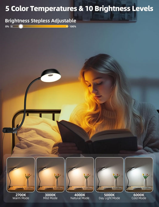 LiFMIRA Reading Light for Beds Headboards, Clip on Light LED Reading Book Light with Clamp Eye-Friendly Desk Lamp 3 Color Modes & 10 Brightness Flexible Reading Lights for Books in Bed Bedside Black