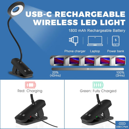 CUHIOY Rechargeable Clip on Reading Light for Bed, Battery Desk Lamp, 5 Color 5 Brightness & Touch Control Headboard Lamp, Large Clamp Lamp with Flexible Neck, Eye Protect LED Bedside Light, Pink