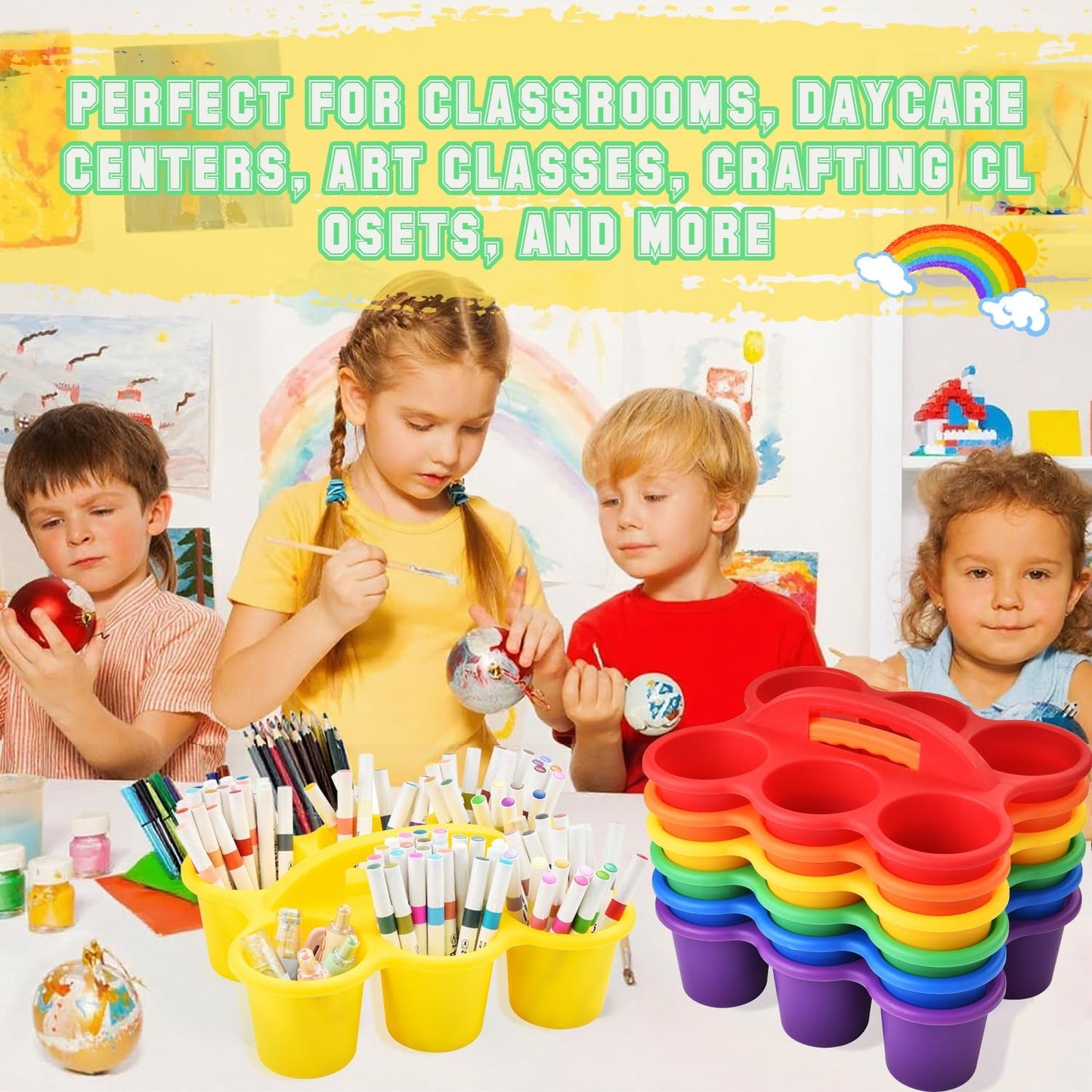 Haundry 6 Pack Classroom Caddy Storage Basket with Handle, Plastic Drink Cup Caddy Holder, 6 Compartments for Kids, Table, Office, Arts, Crafts, Crayon, Marker, Pencil, School Supplies
