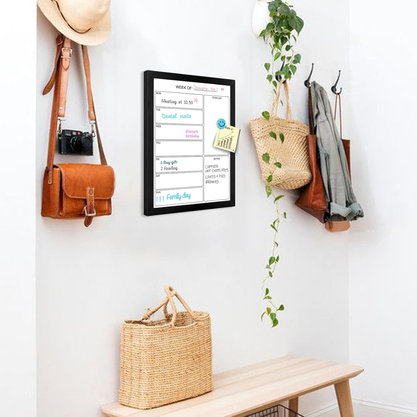 Weekly Dry Erase Whiteboard Calendar, 15.7"x11.8" Magnetic Surface Memo Board, Minimal Design Weekly Planner for Wall, Black Wood Frame Dry Erase Board for Office School Home(ZLBB-S-BK-3040)