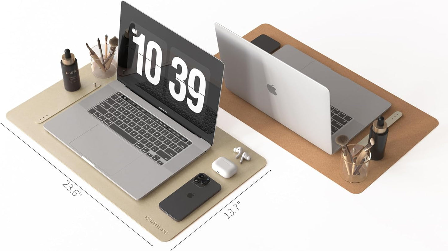 RENMTURE Desk Pad, Cork & PU Leather Desk Mat, Large Mouse pad, Non-Slip Desk Protector and Blotter, Waterproof Writing Pad, Desk Accessories and Organizers for Home Office (Light Yellow, 32"x16")