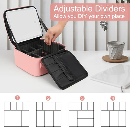 Relavel Travel Makeup Bag With LED Mirror, Cosmetic Train Case with Light up Mirror, Portable Makeup Artist Organizer Bag with Adjustable Dividers, Makeup Brush Holder Storage, Black