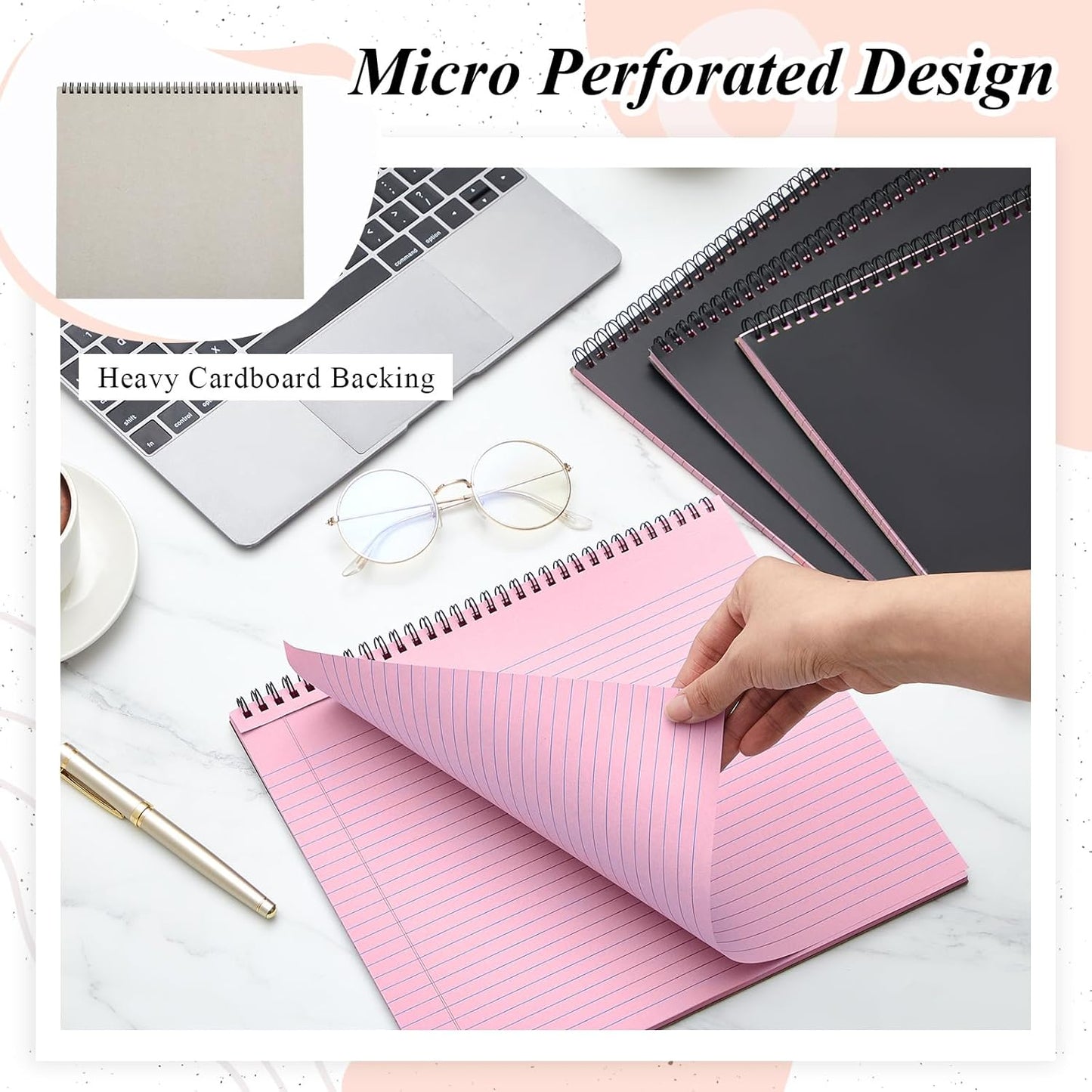 MotiMind 4 Pack Landscape Notebook Top Spiral Bound 11 x 9.5 Inch College Ruled Legal Pads Horizontal Notepad with Hole Punched Pages for Office School Meeting Project Notes Daily Use, White